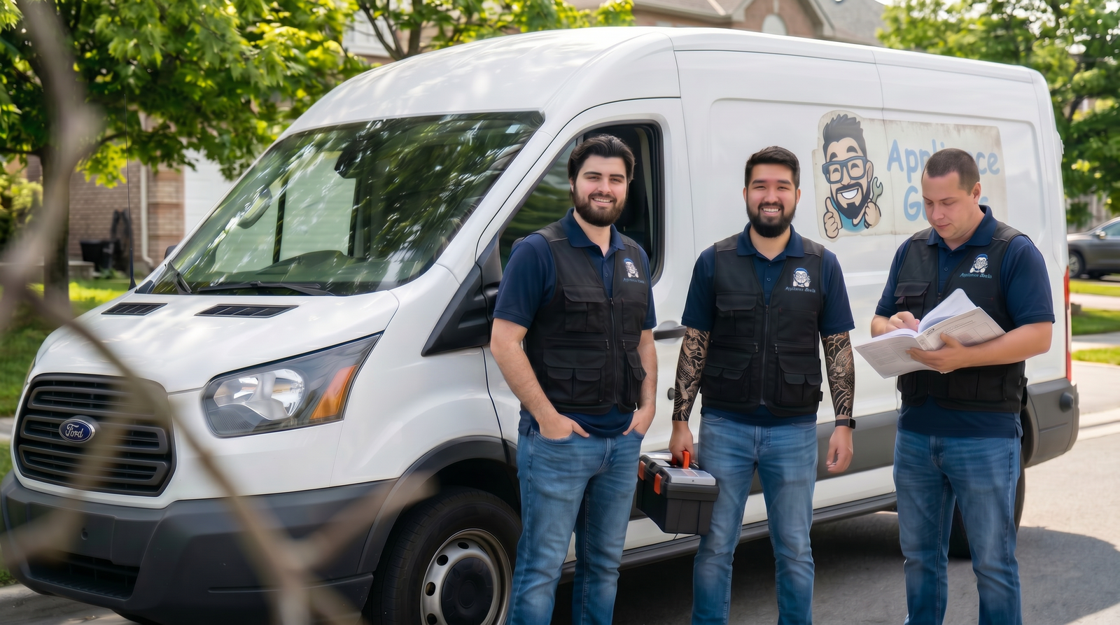 Appliance Geeks technicians in branded black vests standing in front of work van in Portland Oregon